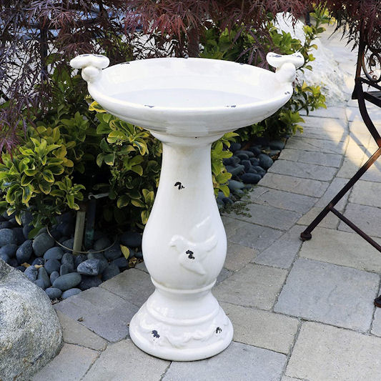 Alpine Antique Ceramic Bird Bath, Off-White