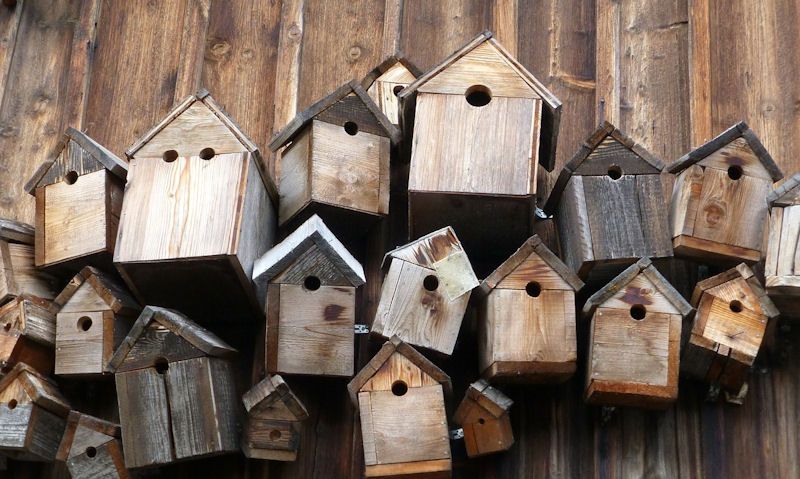 Pile of old, dark stained bird boxes