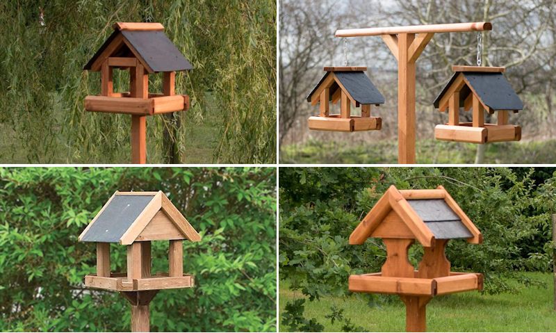 Multitude of bird tables with slate roofs