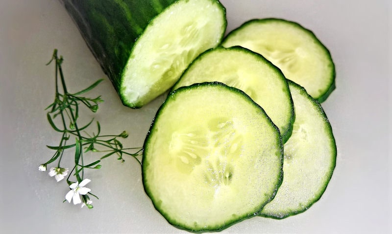 Cucumber on countertop with freshly cut slices