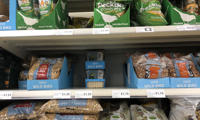 My personal pictures of Tesco wild bird food selection on shelves