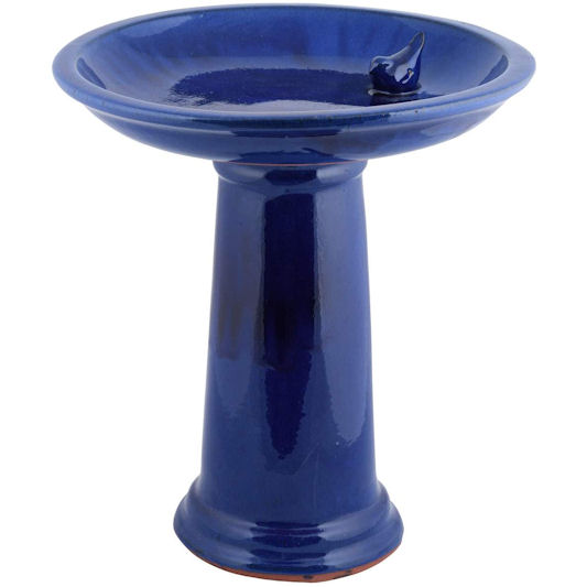 Fallen Fruits Ceramic Bird Bath on Pedestal, Blue