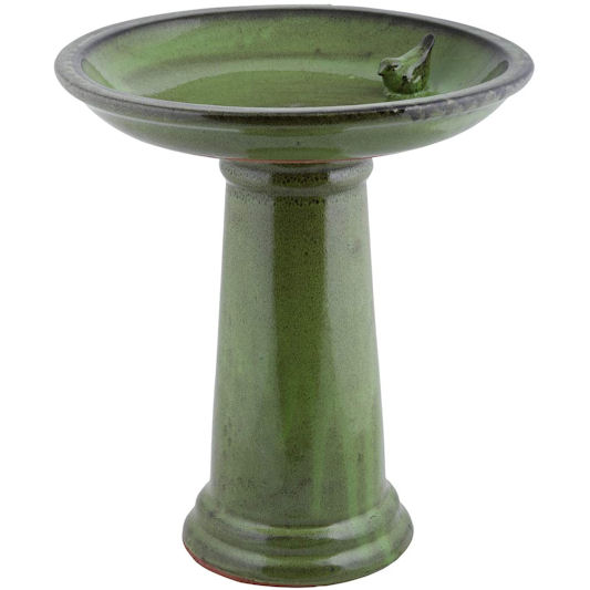 Fallen Fruits Ceramic Bird Bath on Pedestal, Green