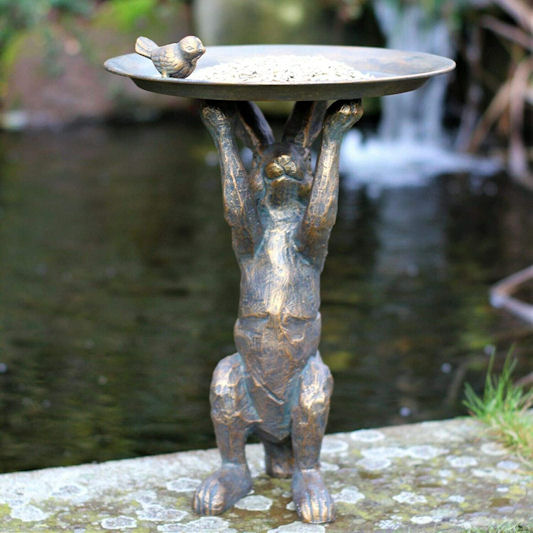 HH Home Hut Rabbit Statue Bronze Effect Bird Bath